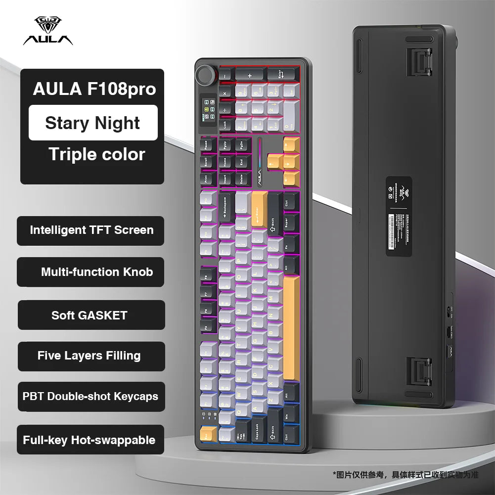 AULA F108 Pro Wireless Mechanical Gaming Keyboard — 98-Key Hot-Swap Gasket-Mount with TFT Smart Display, PBT Keycaps, RGB Backlight, Bluetooth/2.4G/USB (Full-Size, Macro)