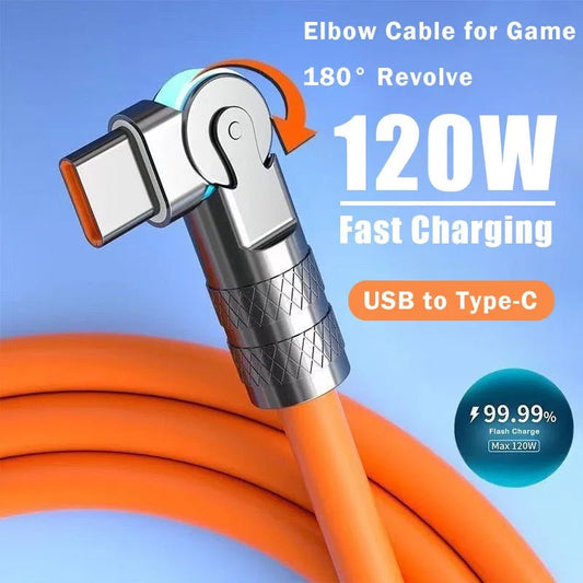 120W 6A Fast Charge USB-C Cable — 180° Rotating Elbow Design, Liquid Silicone Gaming Charging Cord for Xiaomi, Redmi, Honor, Samsung & USB-C Phones (Tangle-Free) - pyxel shop