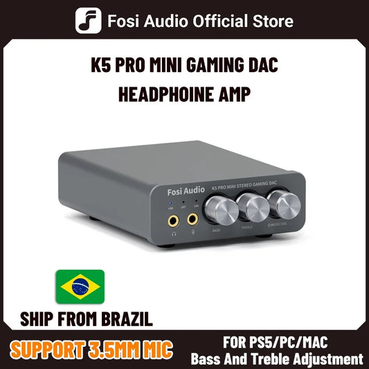 Fosi Audio K5 PRO Gaming USB DAC & Headphone Amplifier — Desktop Mini DAC Amp with Mic Input for PS5, PC, Mac, Switch, 24bit/192kHz, USB-C/Optical/Coaxial (16-300Ω)