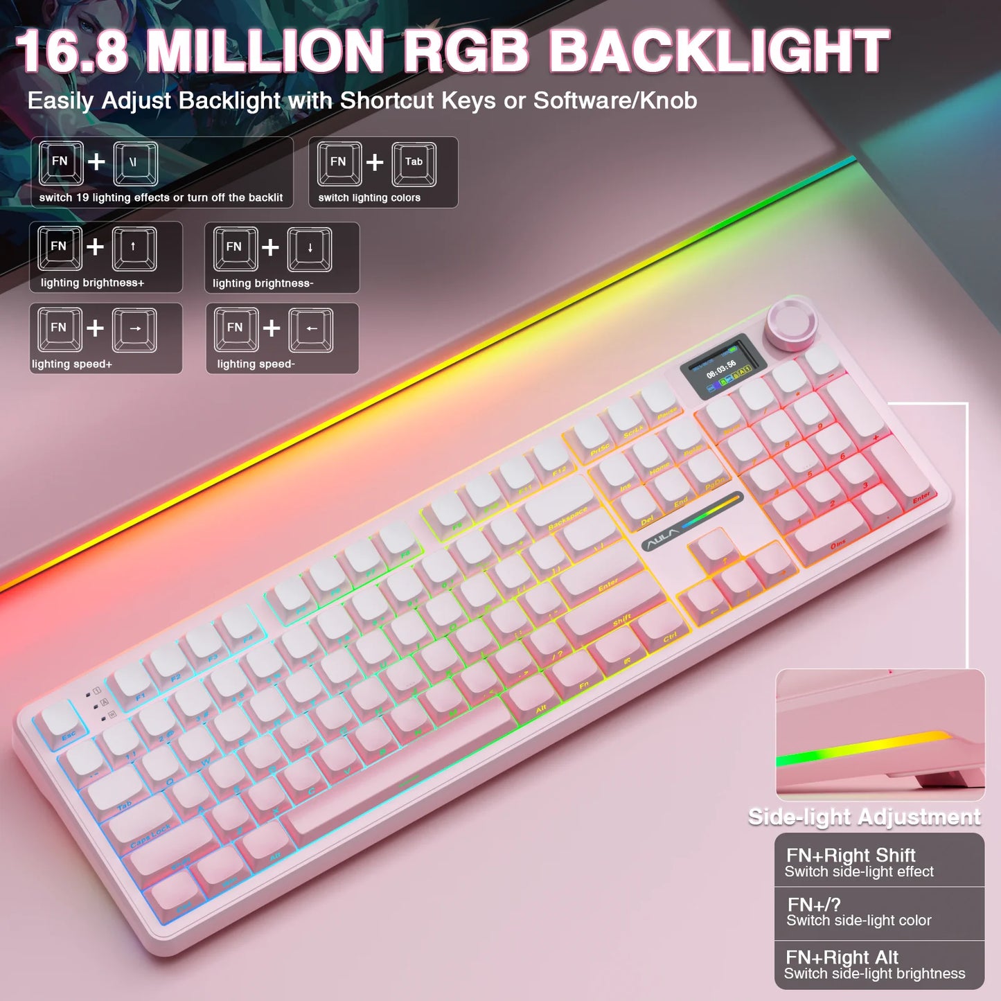 AULA F108 Pro Wireless Mechanical Gaming Keyboard — 98-Key Hot-Swap Gasket-Mount with TFT Smart Display, PBT Keycaps, RGB Backlight, Bluetooth/2.4G/USB (Full-Size, Macro)