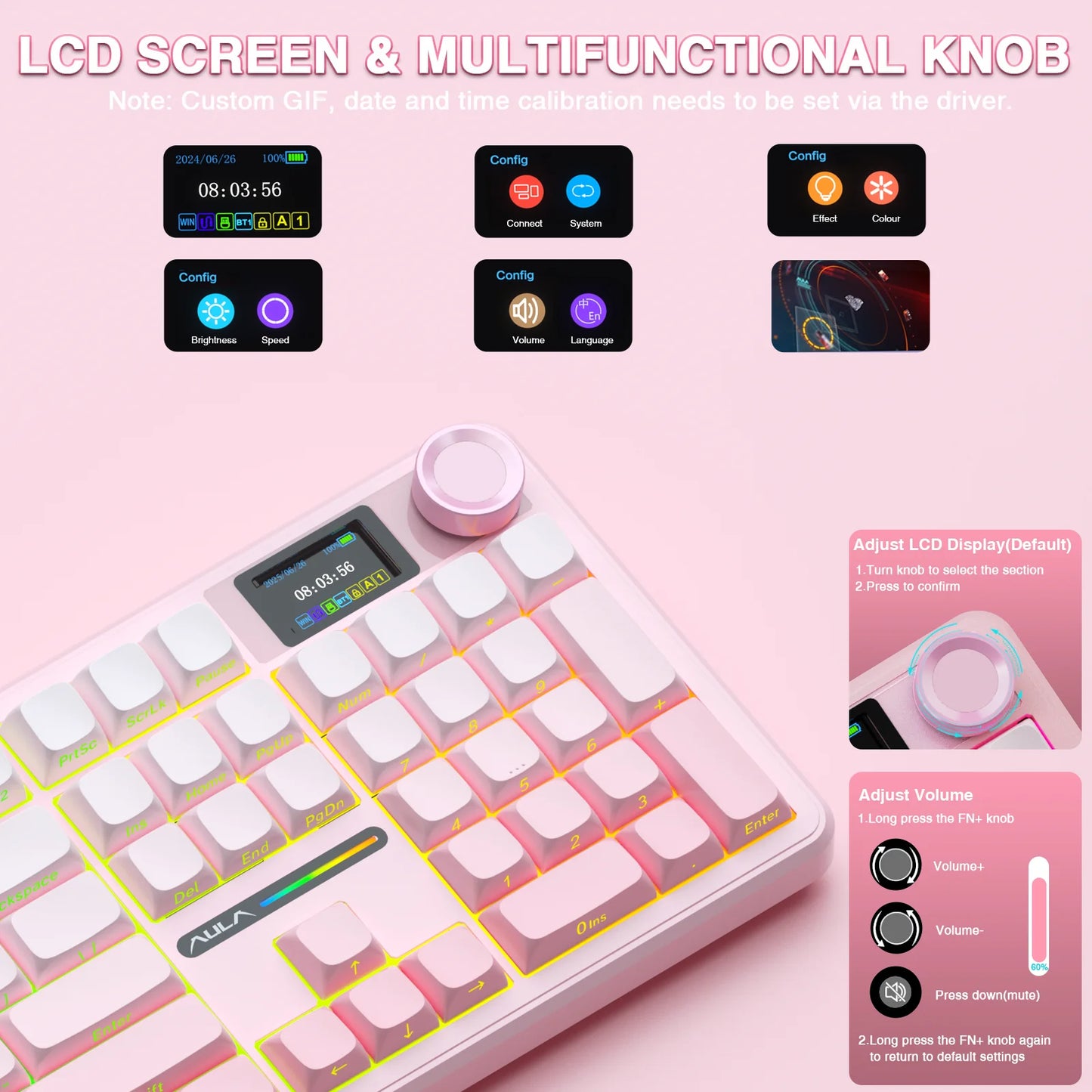 AULA F108 Pro Wireless Mechanical Gaming Keyboard — 98-Key Hot-Swap Gasket-Mount with TFT Smart Display, PBT Keycaps, RGB Backlight, Bluetooth/2.4G/USB (Full-Size, Macro)