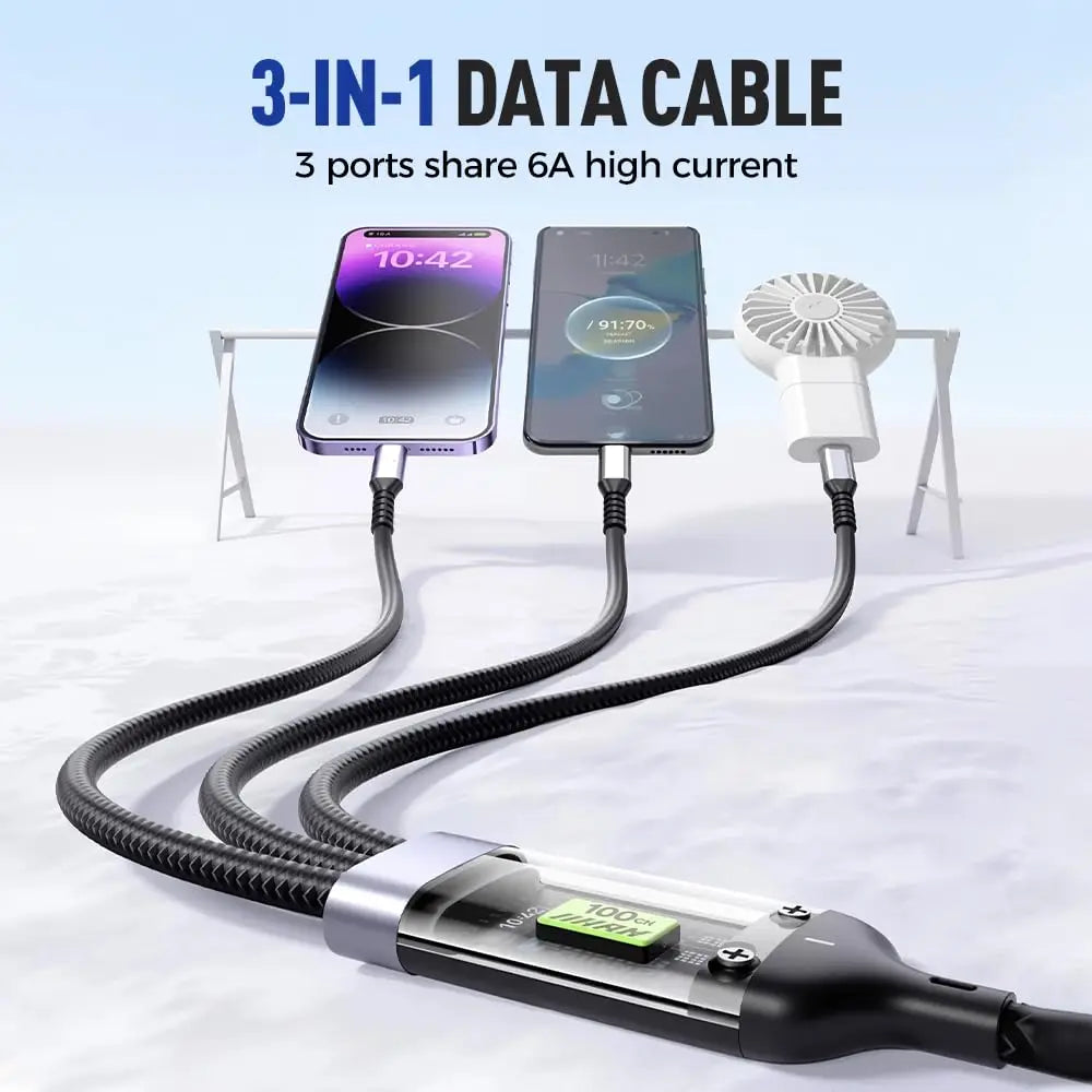 100W Transparent 3-in-1 Fast Charging Cable with LED Light — USB C to Lightning/Type-C/Micro USB, Super Fast Charge for iPhone, Android, Tablets (One Cable for Every Device)