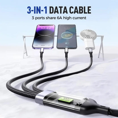 100W Transparent 3-in-1 Fast Charging Cable with LED Light — USB C to Lightning/Type-C/Micro USB, Super Fast Charge for iPhone, Android, Tablets (One Cable for Every Device)