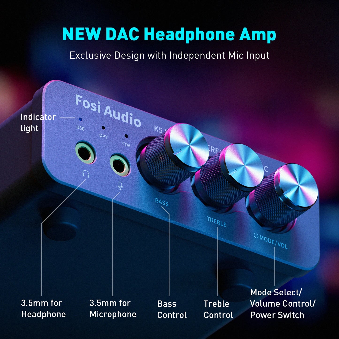Fosi Audio K5 PRO Gaming USB DAC & Headphone Amplifier — Desktop Mini DAC Amp with Mic Input for PS5, PC, Mac, Switch, 24bit/192kHz, USB-C/Optical/Coaxial (16-300Ω)