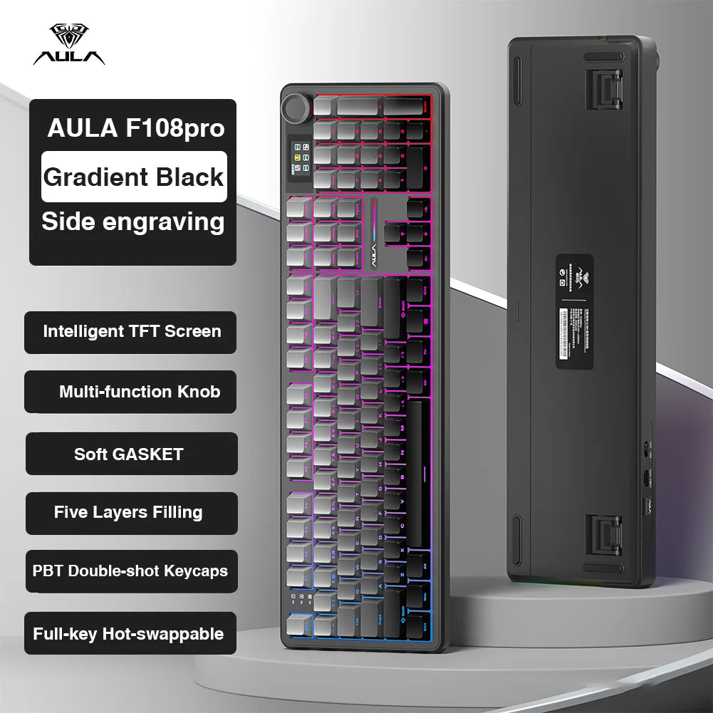 AULA F108 Pro Wireless Mechanical Gaming Keyboard — 98-Key Hot-Swap Gasket-Mount with TFT Smart Display, PBT Keycaps, RGB Backlight, Bluetooth/2.4G/USB (Full-Size, Macro)