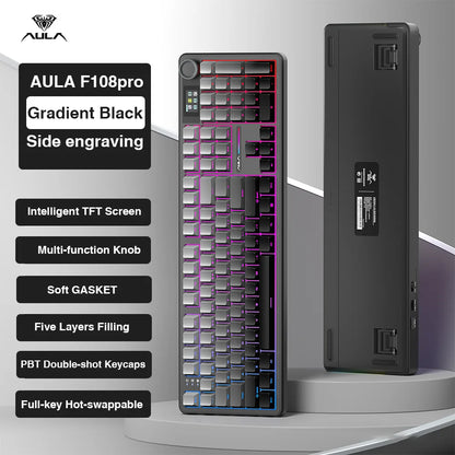 AULA F108 Pro Wireless Mechanical Gaming Keyboard — 98-Key Hot-Swap Gasket-Mount with TFT Smart Display, PBT Keycaps, RGB Backlight, Bluetooth/2.4G/USB (Full-Size, Macro)