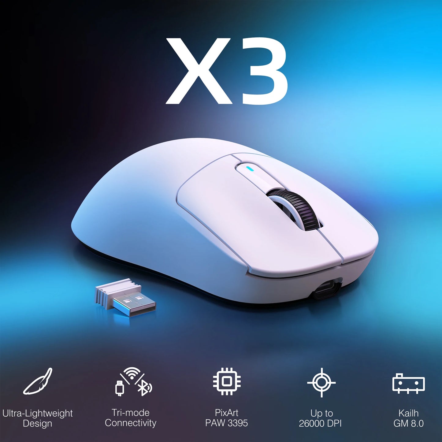 ATTACK SHARK X3 Wireless Gaming Mouse — 49g Ultra-Light Ergonomic Design, PixArt PAW3395 26K DPI Sensor, Tri-Mode (2.4G/Bluetooth/Wired), Programmable Buttons (Rechargeable)