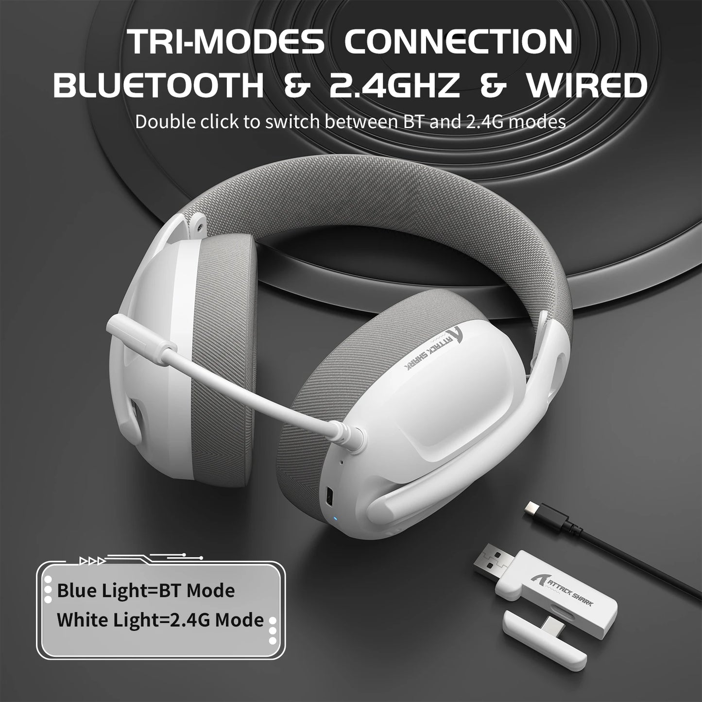 ATTACK SHARK L80 Tri-Mode Wireless Gaming Headset — Ultra-Light 2.4G/Bluetooth/Wired Headphones with Mic & Volume Control for PC, PS4, PS5, Switch, Xbox (Low Latency)
