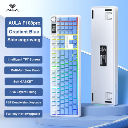 AULA F108 Pro Wireless Mechanical Gaming Keyboard — 98-Key Hot-Swap Gasket-Mount with TFT Smart Display, PBT Keycaps, RGB Backlight, Bluetooth/2.4G/USB (Full-Size, Macro)
