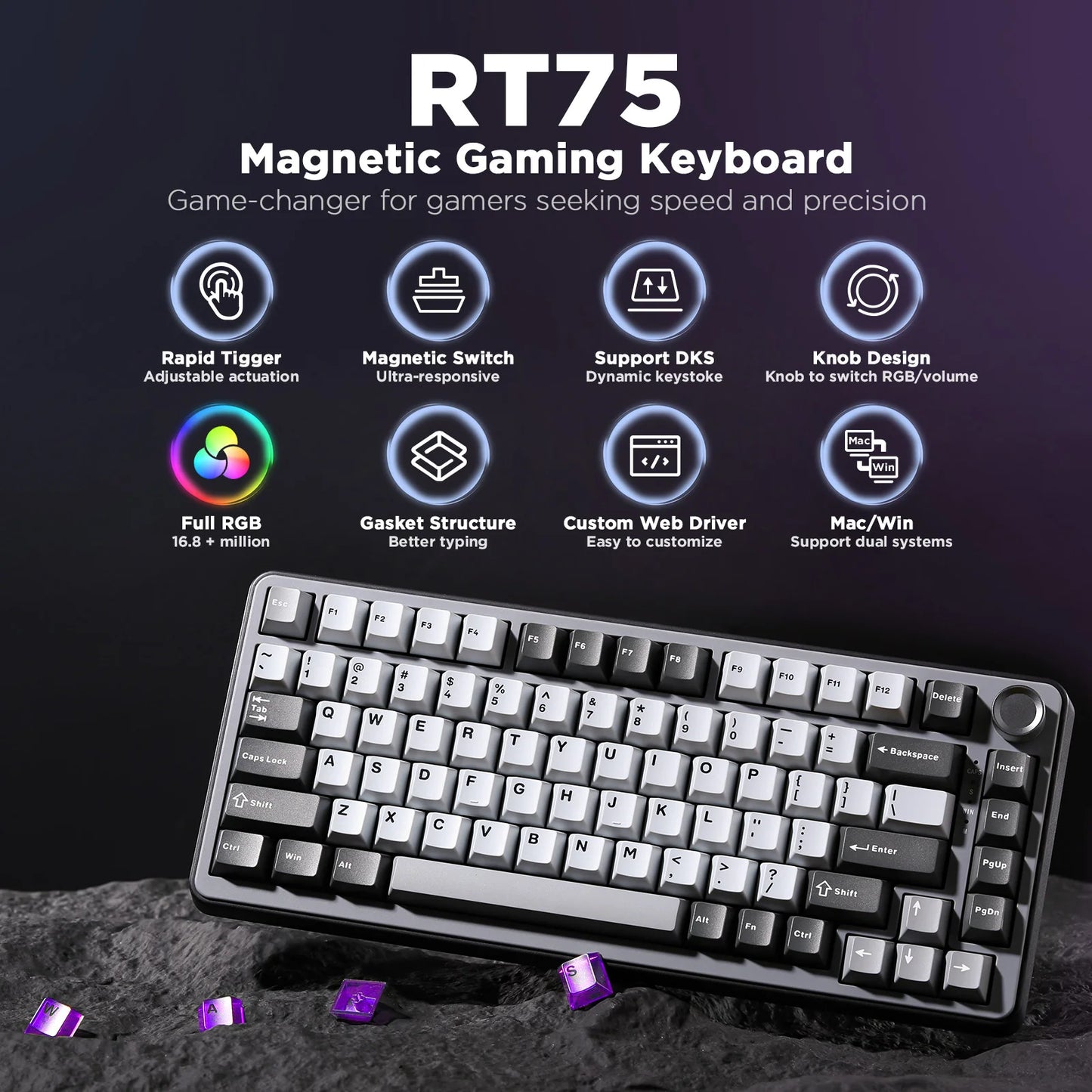 YUNZII RT75 Rapid Trigger Gaming Keyboard — Hyper-Fast Magnetic Switches, Hot-Swappable 75% Layout, PBT Double-Shot Keycaps, RGB Wired Mechanical Keyboard (82 Keys)