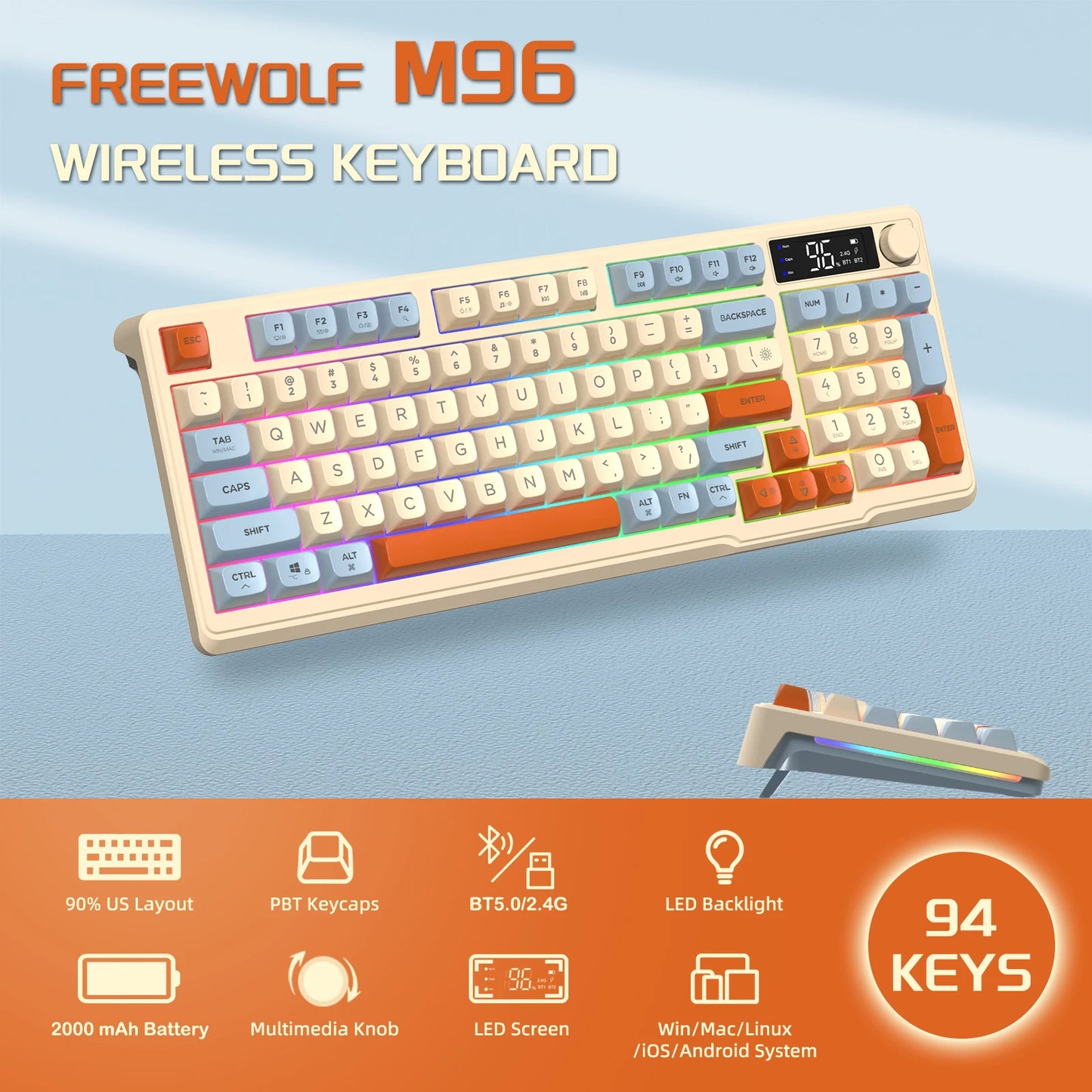 ZIYOU LANG Wireless Gaming Keyboard with Smart Display & Control Knob — 94-Key Quiet Membrane, Bluetooth/2.4G/USB, 3000mAh Rechargeable (PC, Laptop, Tablet)