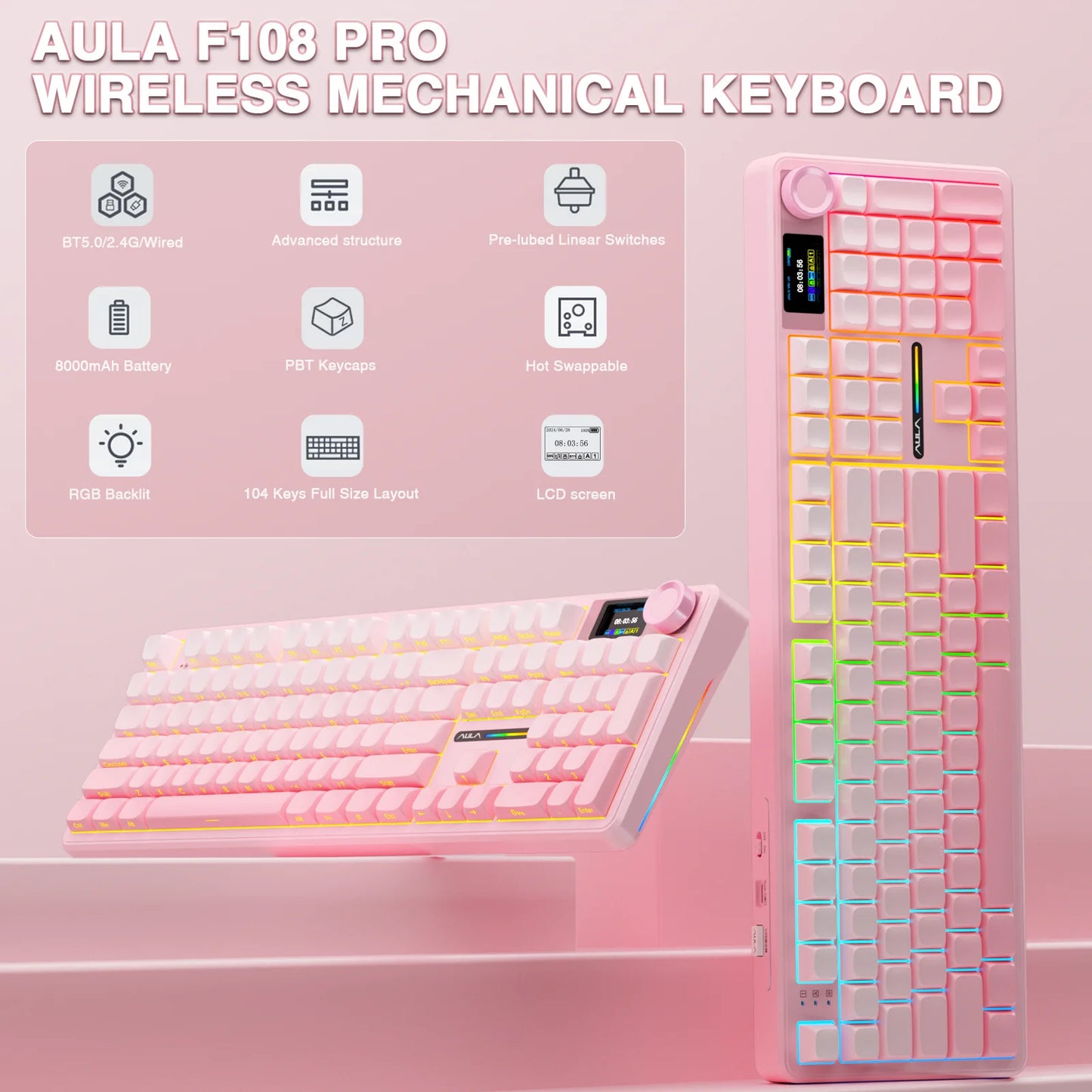 AULA F108 Pro Wireless Mechanical Gaming Keyboard — 98-Key Hot-Swap Gasket-Mount with TFT Smart Display, PBT Keycaps, RGB Backlight, Bluetooth/2.4G/USB (Full-Size, Macro)