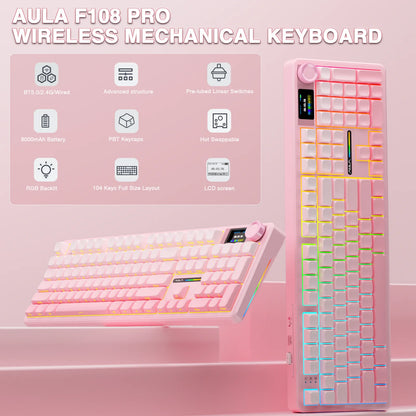 AULA F108 Pro Wireless Mechanical Gaming Keyboard — 98-Key Hot-Swap Gasket-Mount with TFT Smart Display, PBT Keycaps, RGB Backlight, Bluetooth/2.4G/USB (Full-Size, Macro)