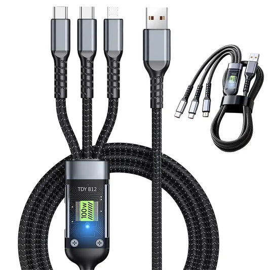 100W Transparent 3-in-1 Fast Charging Cable with LED Light — USB C to Lightning/Type-C/Micro USB, Super Fast Charge for iPhone, Android, Tablets (One Cable for Every Device)