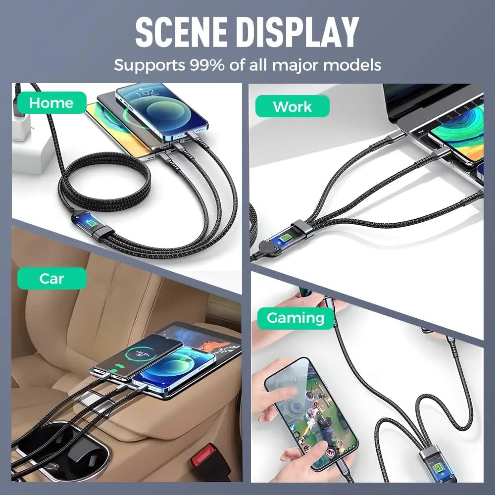100W Transparent 3-in-1 Fast Charging Cable with LED Light — USB C to Lightning/Type-C/Micro USB, Super Fast Charge for iPhone, Android, Tablets (One Cable for Every Device)