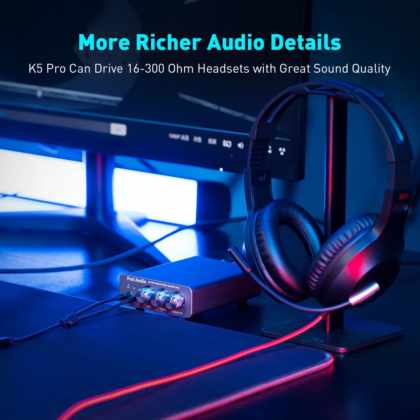 Fosi Audio K5 PRO Gaming USB DAC & Headphone Amplifier — Desktop Mini DAC Amp with Mic Input for PS5, PC, Mac, Switch, 24bit/192kHz, USB-C/Optical/Coaxial (16-300Ω)