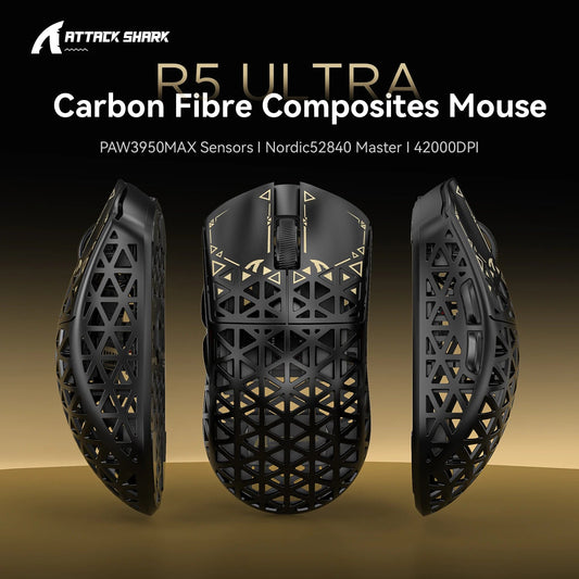 ATTACK SHARK R5 Ultra Carbon Fiber Wireless Gaming Mouse — 39g Superlight, PixArt PAW3950MAX Sensor, 8K/8000Hz Polling, 42000 DPI, Tri-Mode (Bluetooth/2.4G/Wired) for FPS Gaming - pyxel shop