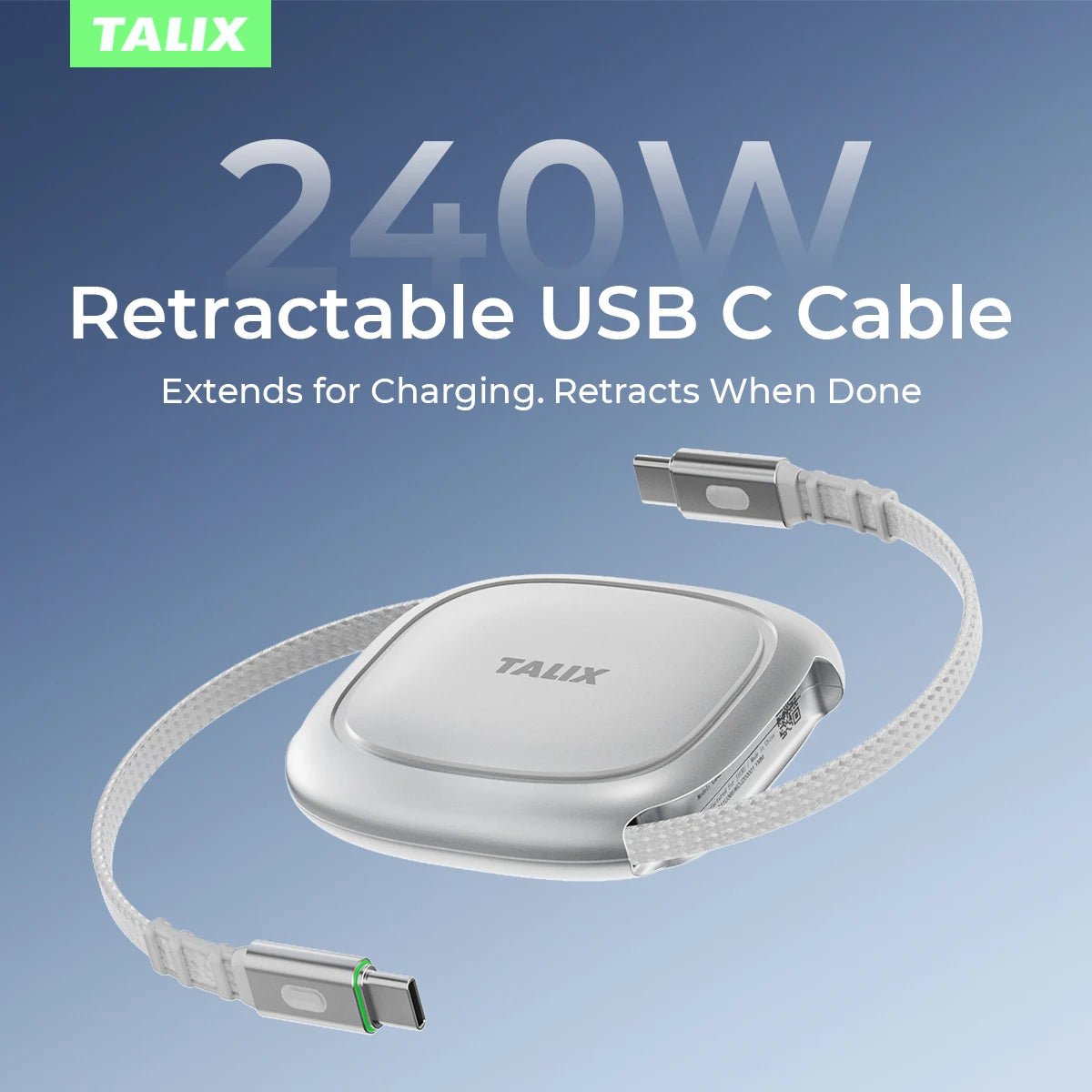 TALIX 240W USB C to USB C Retractable Cable — Super Fast Charging Cord, 1.2M Tangle-Free, for iPhone 17/16, iPad, MacBook, Samsung, Laptops (PD Fast Charge) - pyxel shop